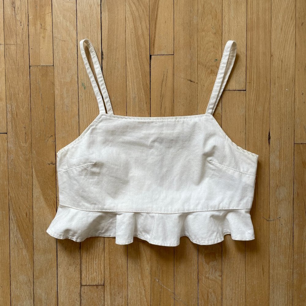 forever 21 white denim ruffle hem crop tank top medium